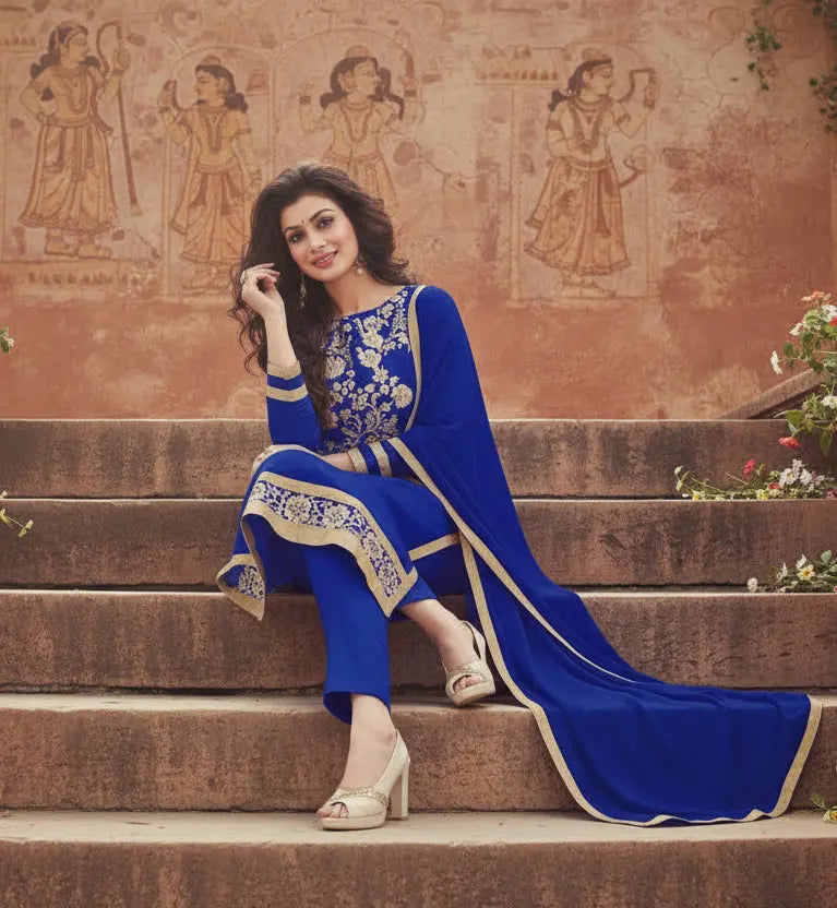 Women's chanderi unstitched salwar suit material with dupatta (blue,2 mtrs) kashvii