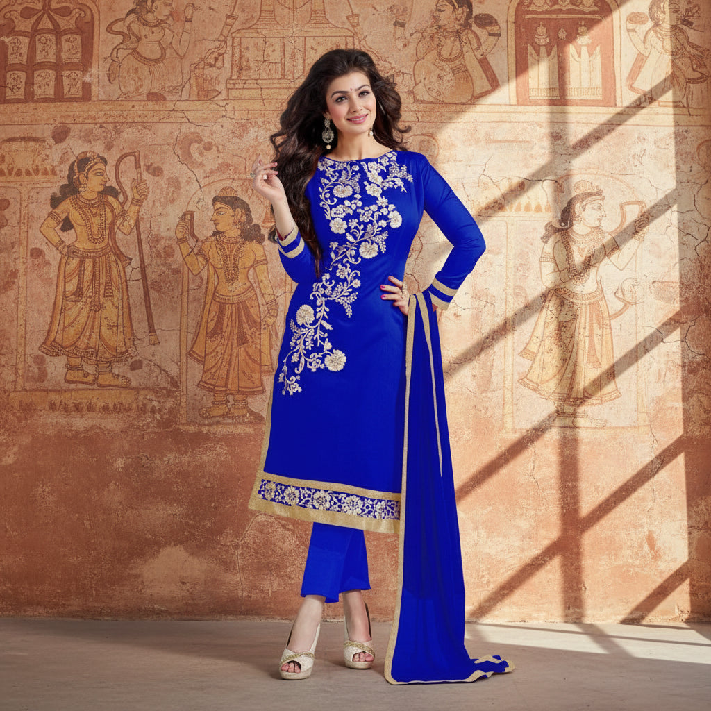 Women's chanderi unstitched salwar suit material with dupatta (blue,2 mtrs) kashvii