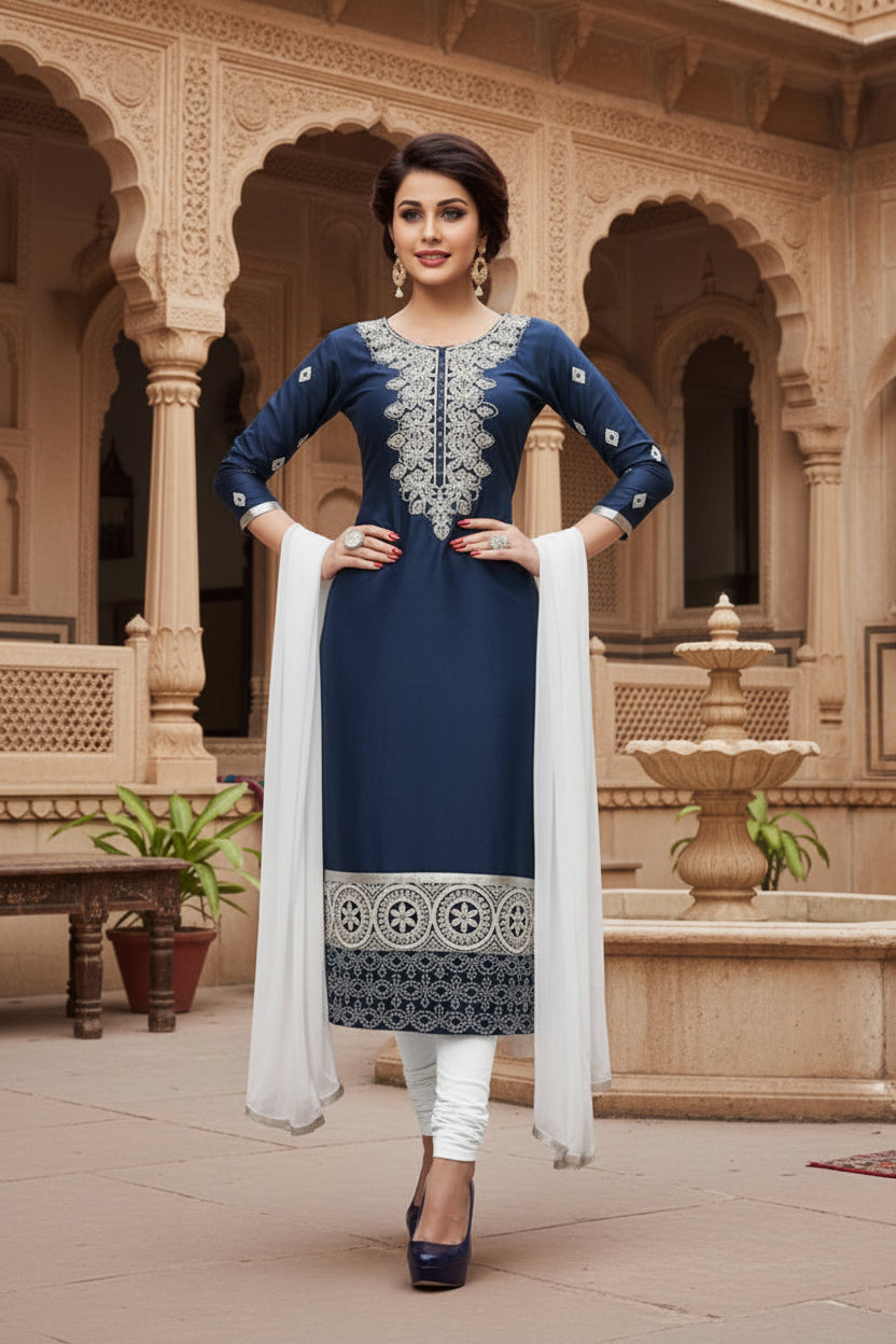 Women's cotton unstitched salwar suit material with dupatta (navy blue,2