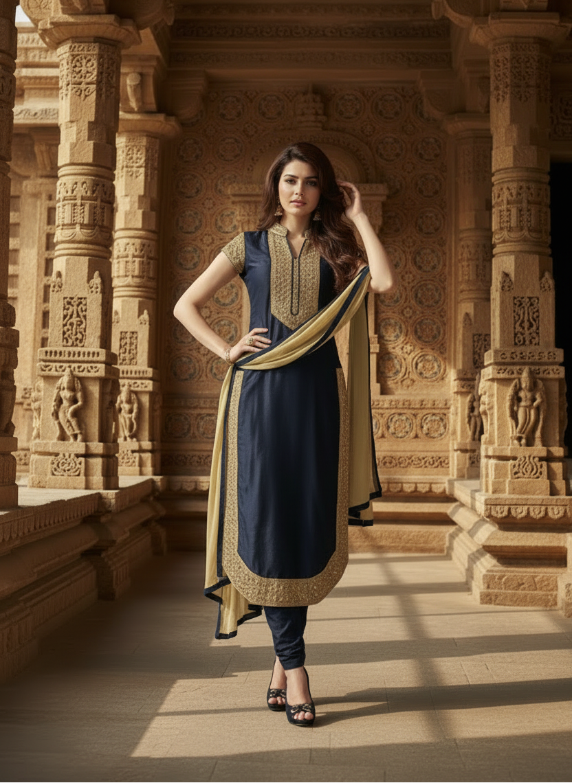 Women's chanderi unstitched salwar suit material with dupatta (black,2 mtrs)