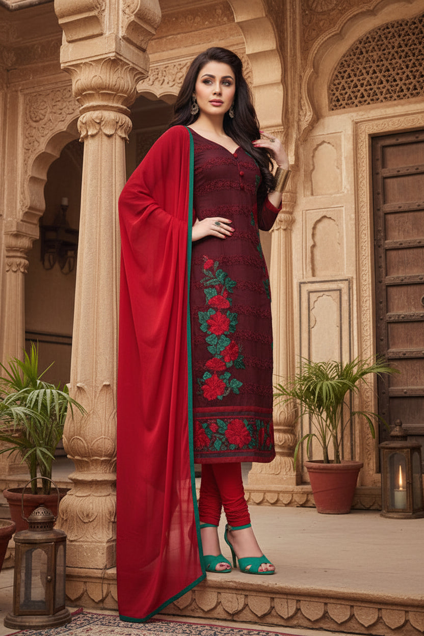 Women's cotton unstitched salwar suit material with dupatta (dark maroon,2