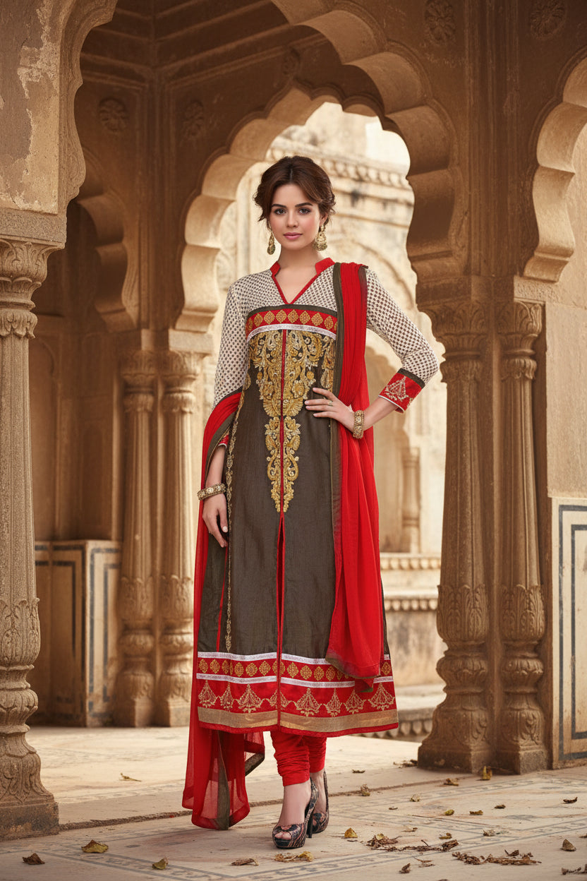 Women's glaze cotton unstitched salwar suit material with dupatta (brown,2