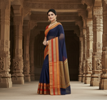 Load image into Gallery viewer, Women's Kota Doria Cotton Border Saree With Blouse (Navy Blue, 5-6 Mtrs)