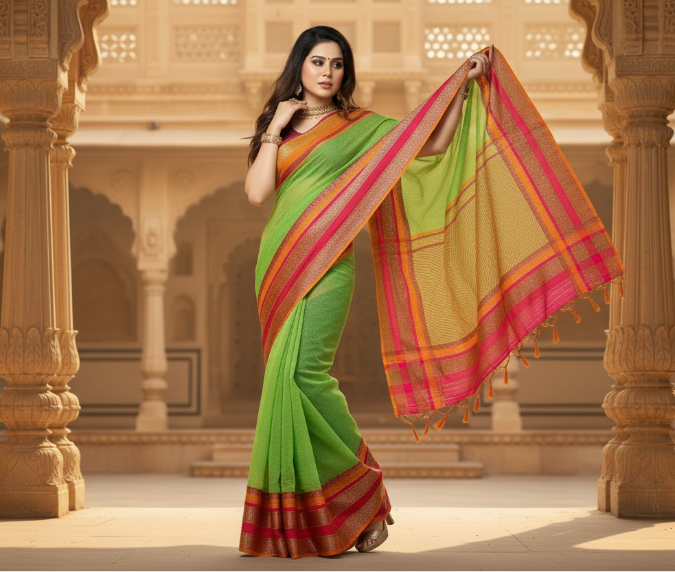Women's kota doria cotton border saree with blouse (light green, 5 6 mtrs) kashvii