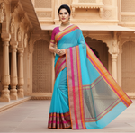 Load image into Gallery viewer, Women's Kota Doria Cotton Border Saree With Blouse (Sky Blue, 5-6 Mtrs) Kashvii