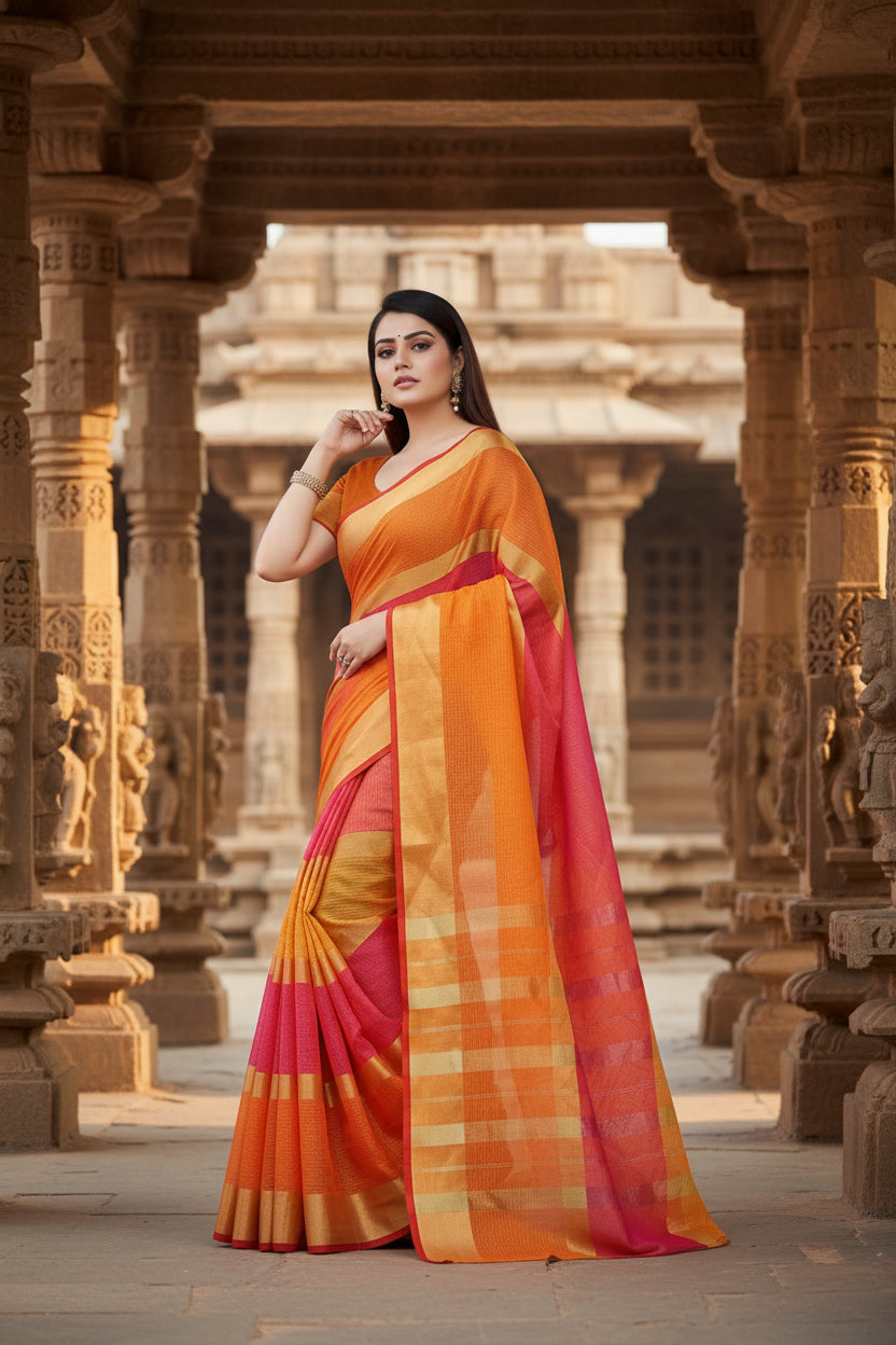 Women's kota doria cotton plain saree with blouse (multicolor, 5 6 mtrs) kashvii