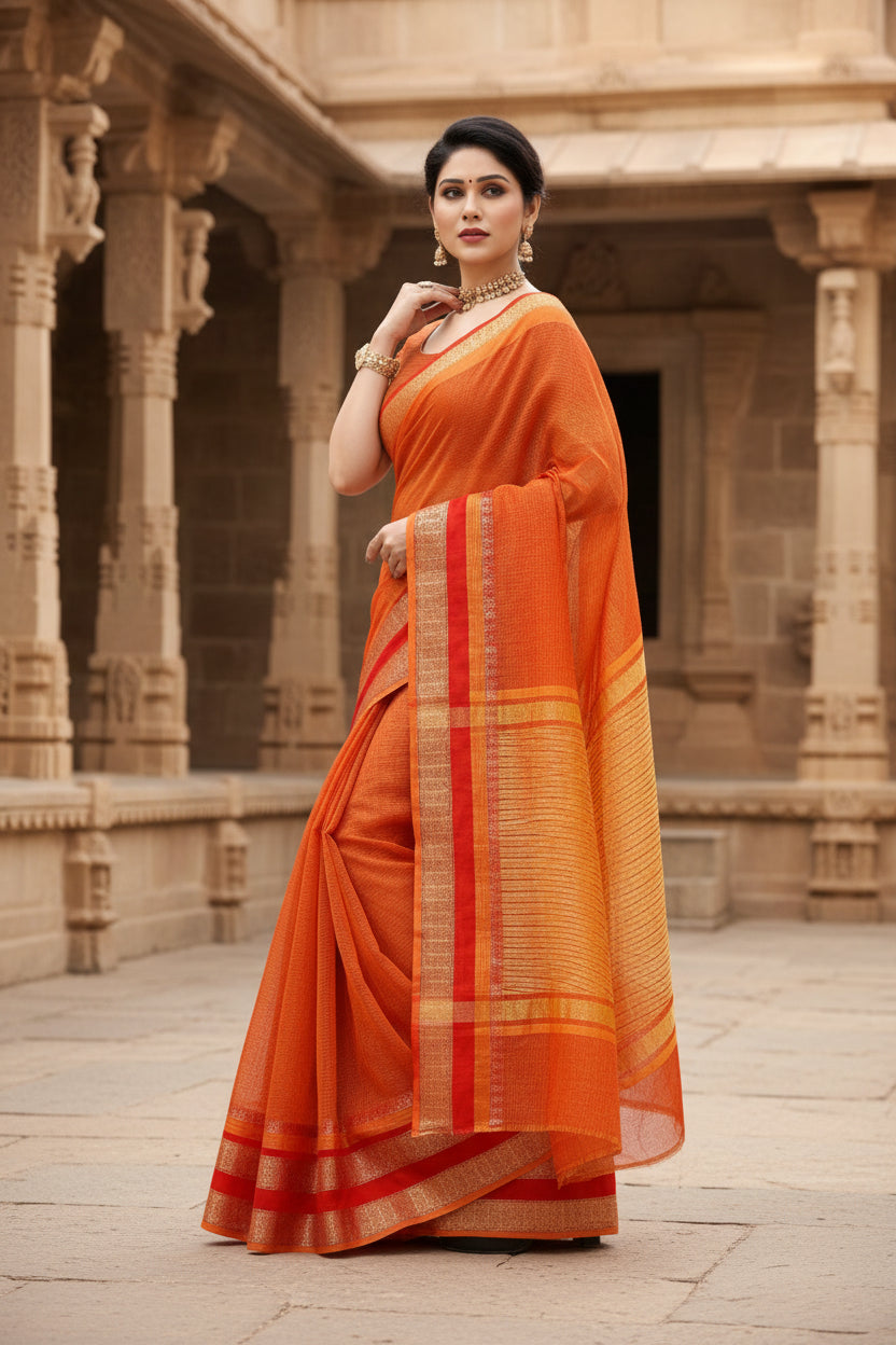 Women's kota doria cotton border saree with blouse (orange, 5 6 mtrs) kashvii