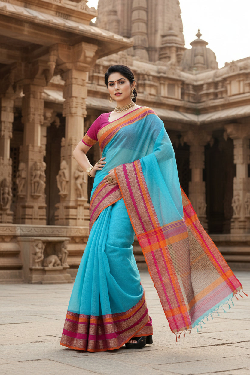 Women's kota doria cotton border saree with blouse (sky blue, 5 6 mtrs) kashvii