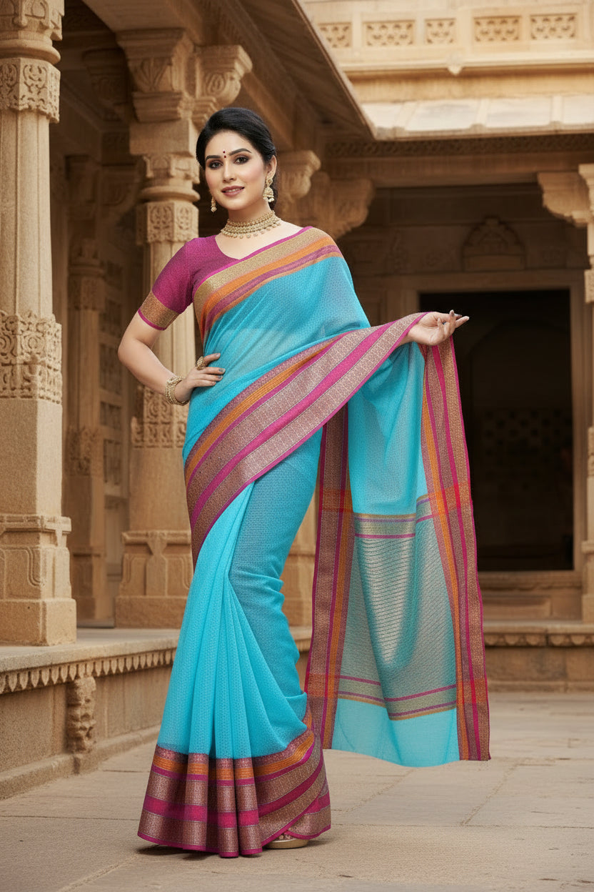 Women's kota doria cotton border saree with blouse (sky blue, 5 6 mtrs) kashvii