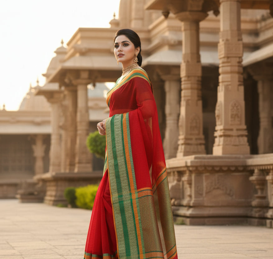 Women's kota doria cotton border saree with blouse (red, 5 6 mtrs)