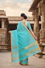 Load image into Gallery viewer, Women's Kota Doria Cotton Checked Saree With Blouse (Sky Blue, 5-6 Mtrs) Kashvii