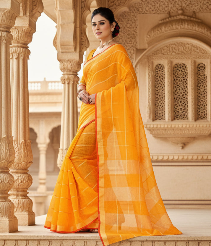Women's kota doria cotton checked saree with blouse (yellow, 5 6 mtrs) kashvii