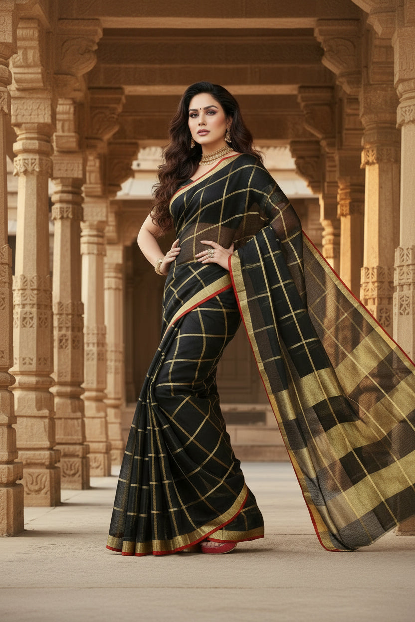 Women's kota doria cotton checked saree with blouse (black, 5 6 mtrs) kashvii