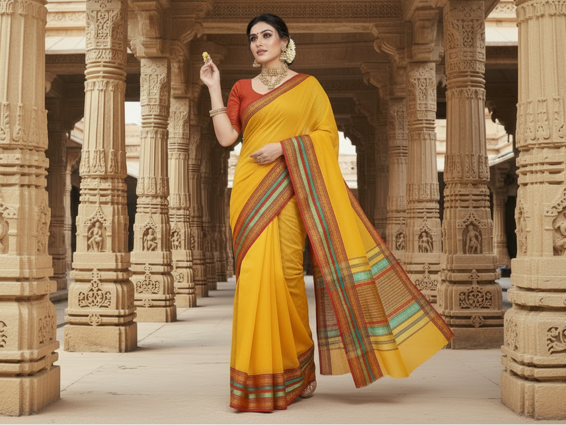 Women's kota doria cotton bordered saree with blouse (yellow, 5 6 mtrs) kashvii
