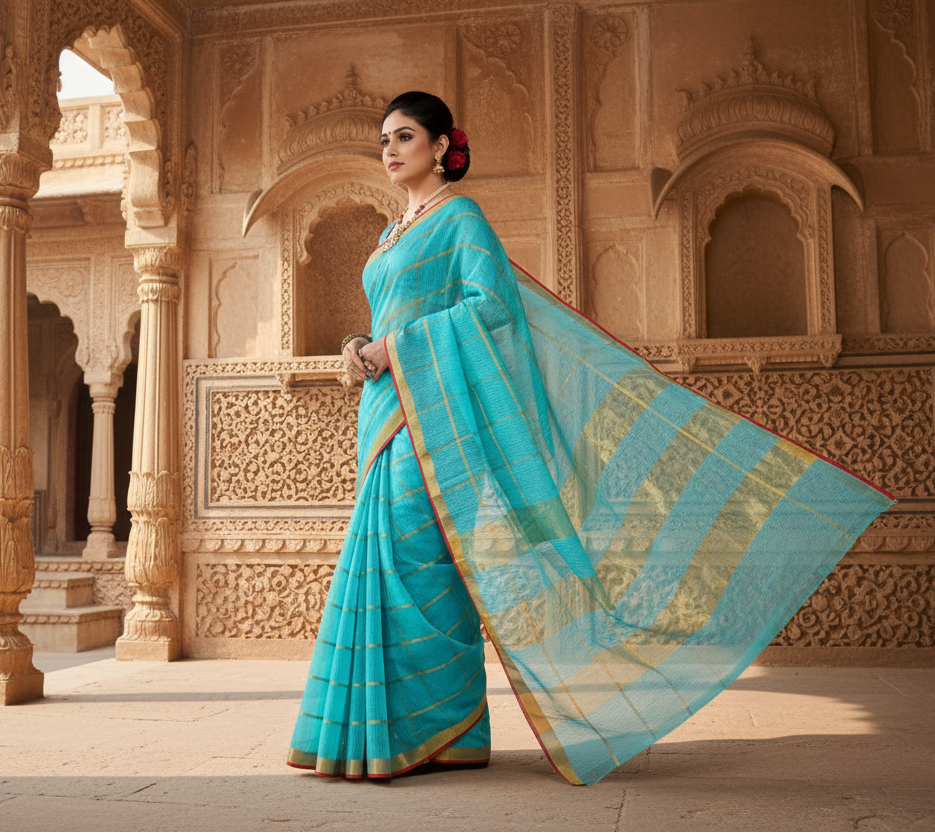 Women's kota doria cotton checked saree with blouse (sky blue, 5 6 mtrs) kashvii