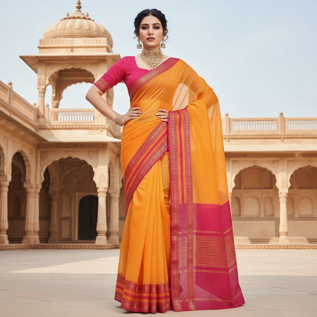 Women's kota doria cotton bordered saree with blouse (gold, 5 6 mtrs) kashvii