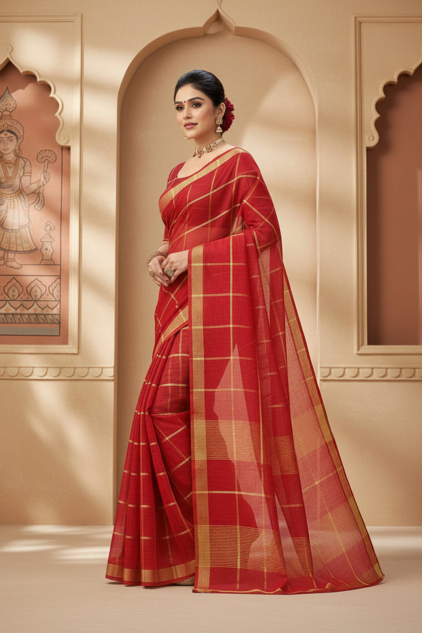 Women's kota doria cotton checked saree with blouse (red, 5 6 mtrs) kashvii