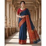 Load image into Gallery viewer, Women's Kota Doria Cotton Bordered Saree With Blouse (Navy Blue, 5-6 Mtrs) Kashvii