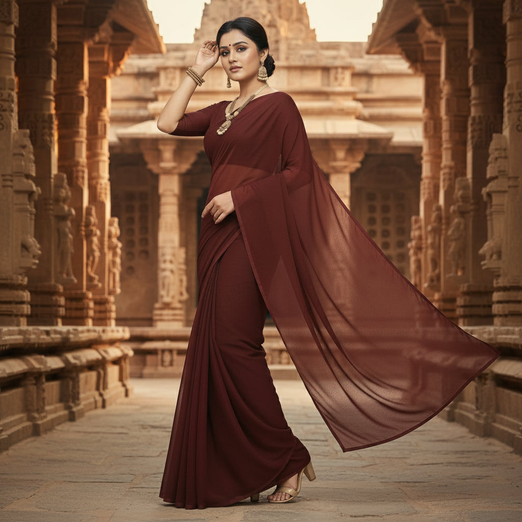 Women's georgette plain saree with blouse (coffee, 5 6 mtrs) kashvii