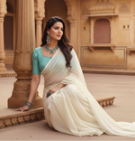Load image into Gallery viewer, Women's Georgette Plain Saree With Blouse (white, 5-6 Mtrs)