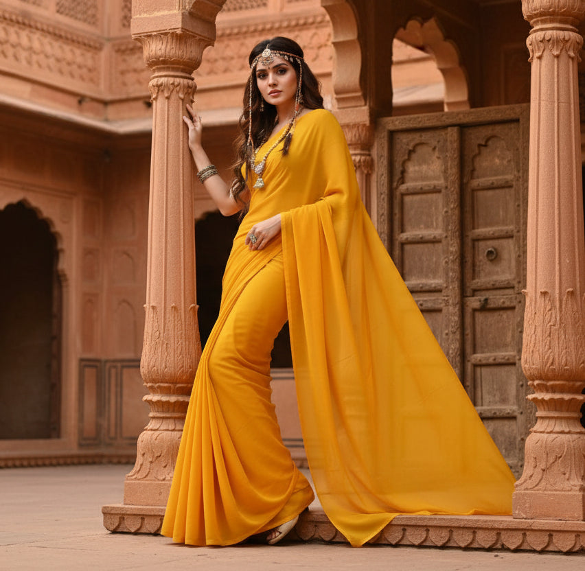 Women's georgette plain saree with blouse (gold, 5 6 mtrs) kashvii