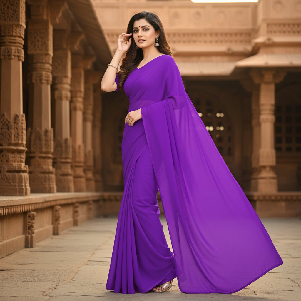 Women's georgette plain saree with blouse (purple, 5 6 mtrs) kashvii