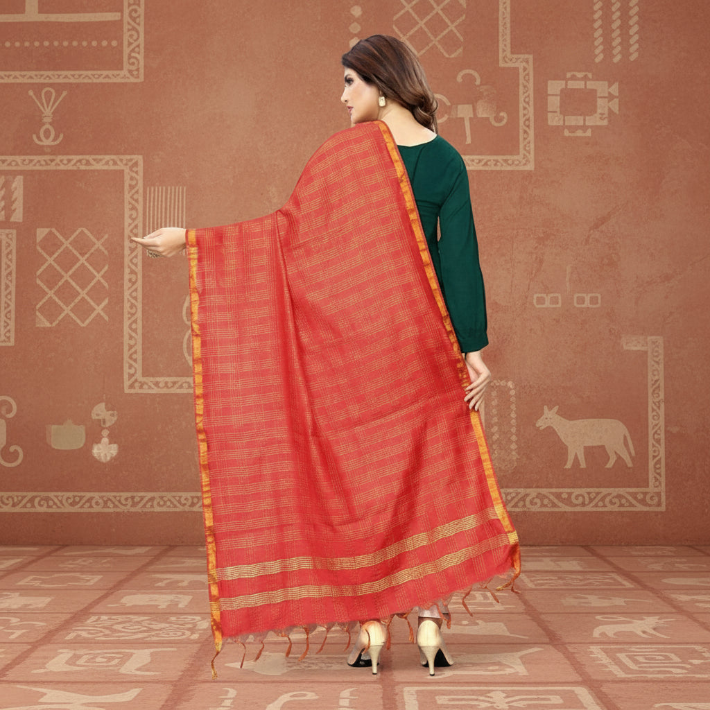 Women's cotton jari woven work dupatta (red, length:2 2