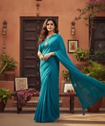 Load image into Gallery viewer, Women's Georgette Plain Saree With Blouse (Dark Firozi, 5-6 Mtrs) Kashvii