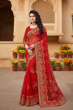 Load image into Gallery viewer, Women's Net Saree With Blouse (Red, 5-6Mtrs)