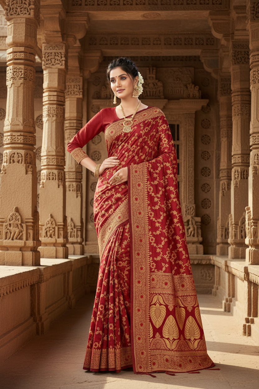 Women's banarasi silk saree with blouse (maroon, 5 6mtrs) kashvii