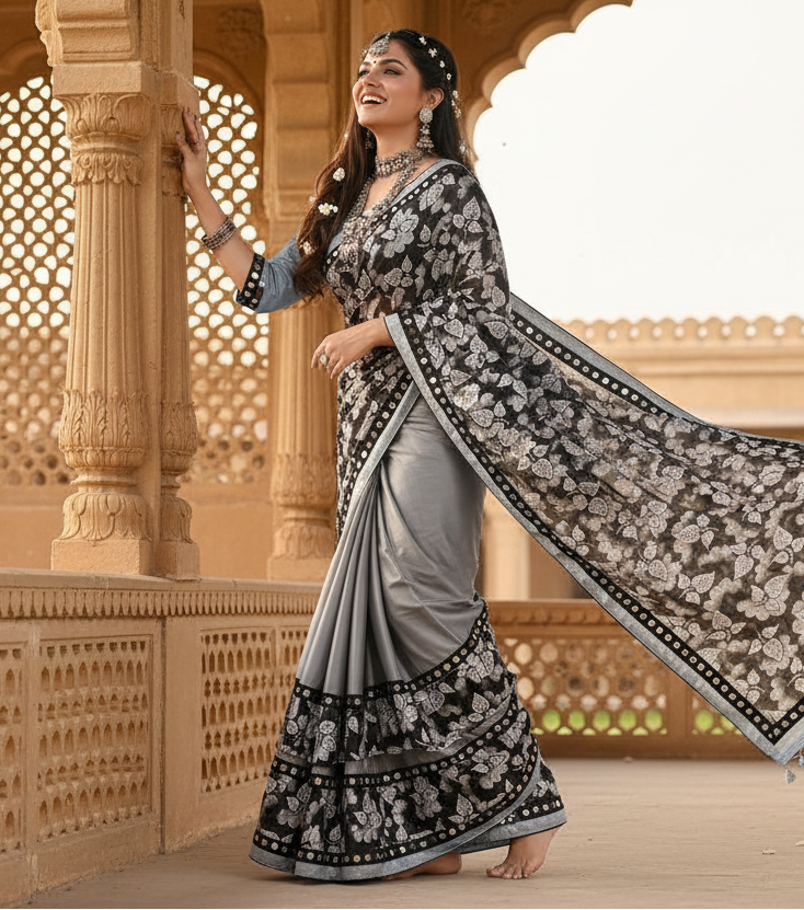 Women's lycra blend saree with blouse (grey, 5 6 mtrs)