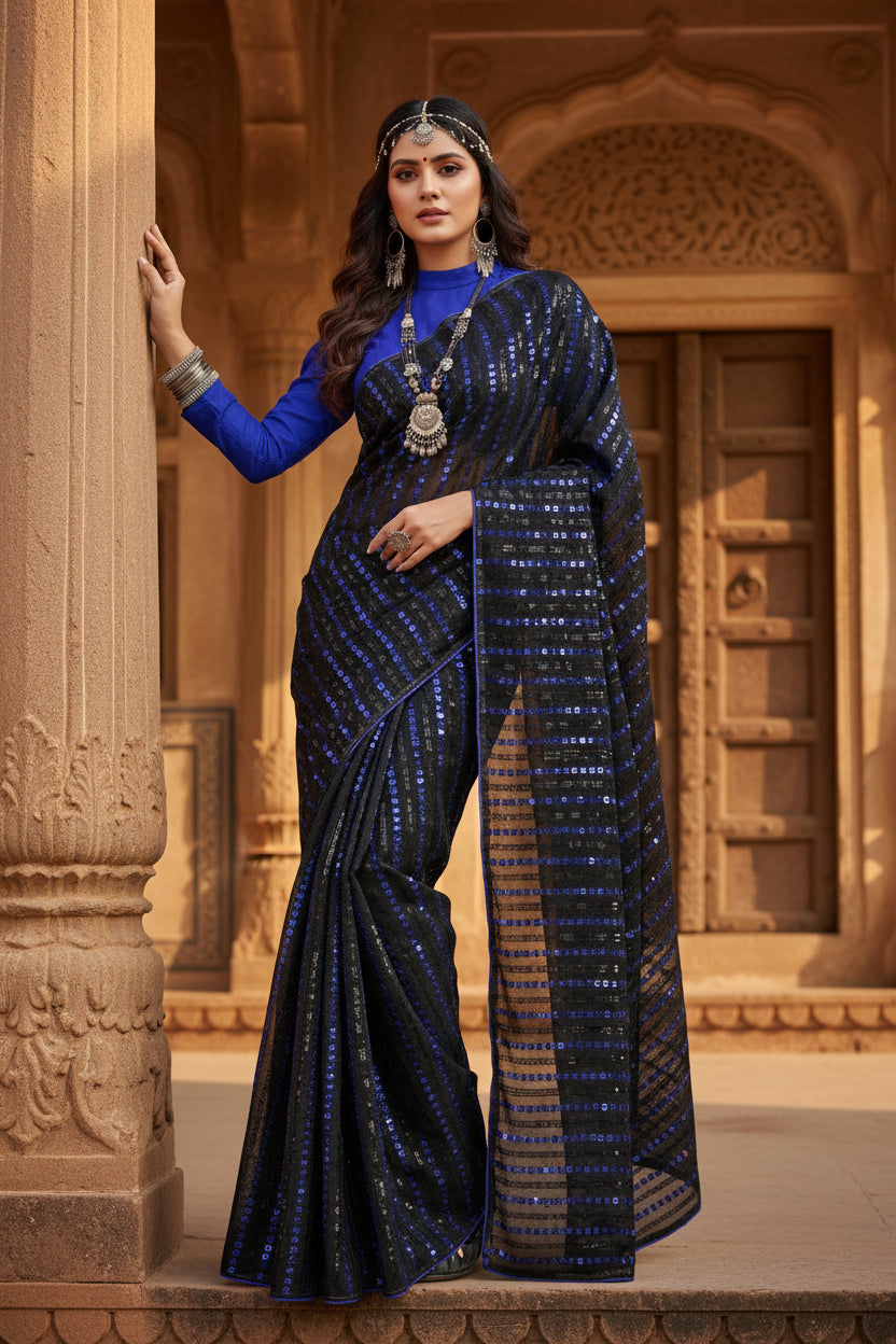 Women's vichitra saree with blouse (blue, 5 6 mtrs) kashvii