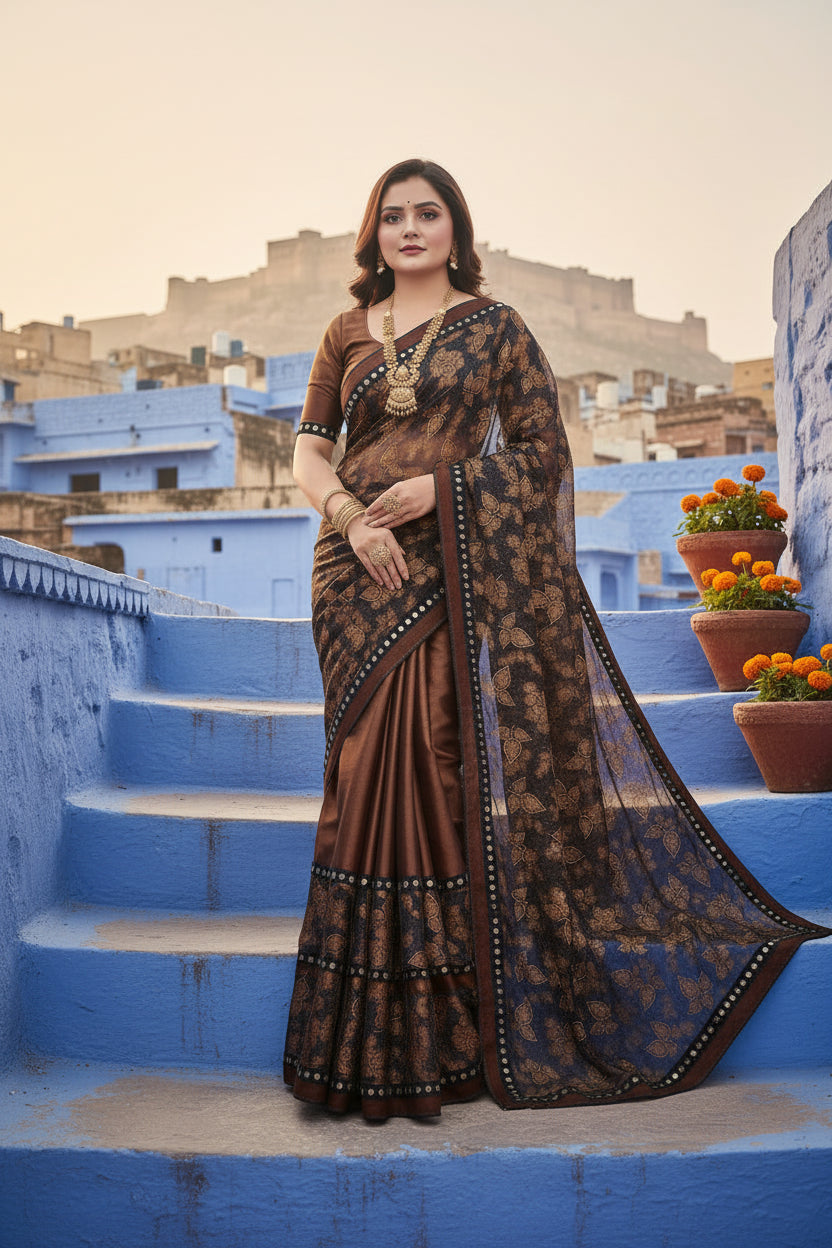 Women's lycra blend saree with blouse (coffee, 5 6 mtrs)