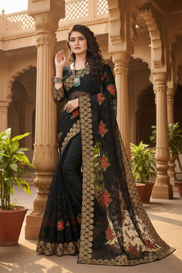 Women's net saree with blouse (black, 5 6mtrs) kashvii
