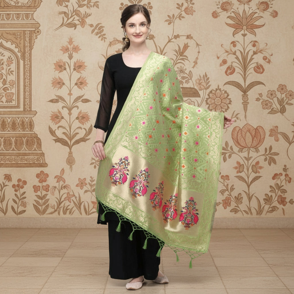 Women's silk pure zari weaving duppatta (light green, length: 2 2