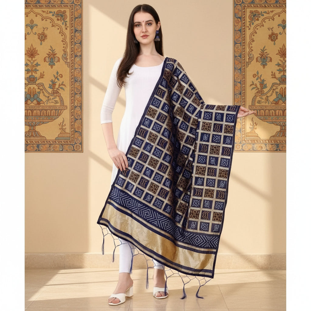 Women's silk pure weaving work duppatta (navy blue, length: 2 2
