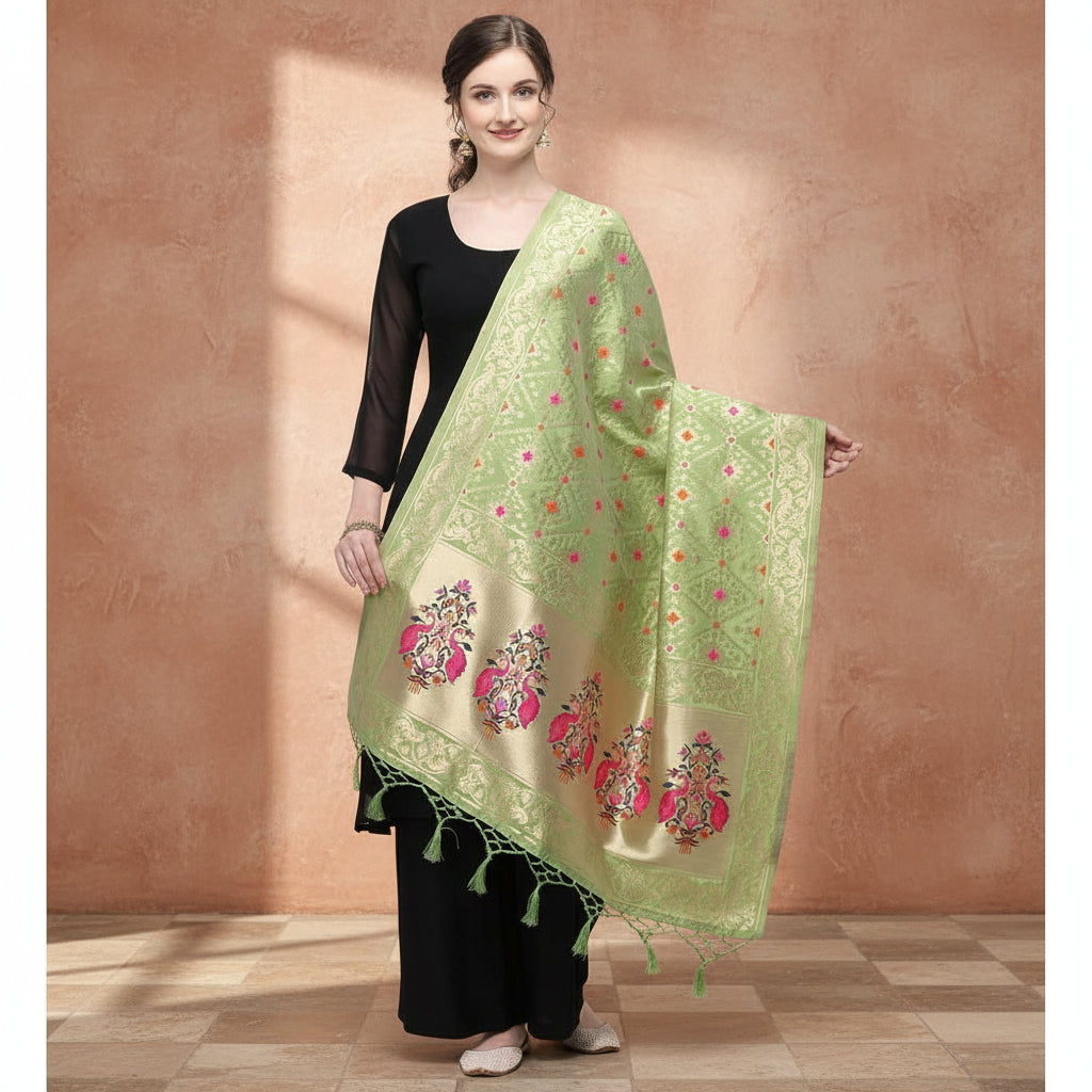 Women's silk pure zari weaving duppatta (light green, length: 2 2