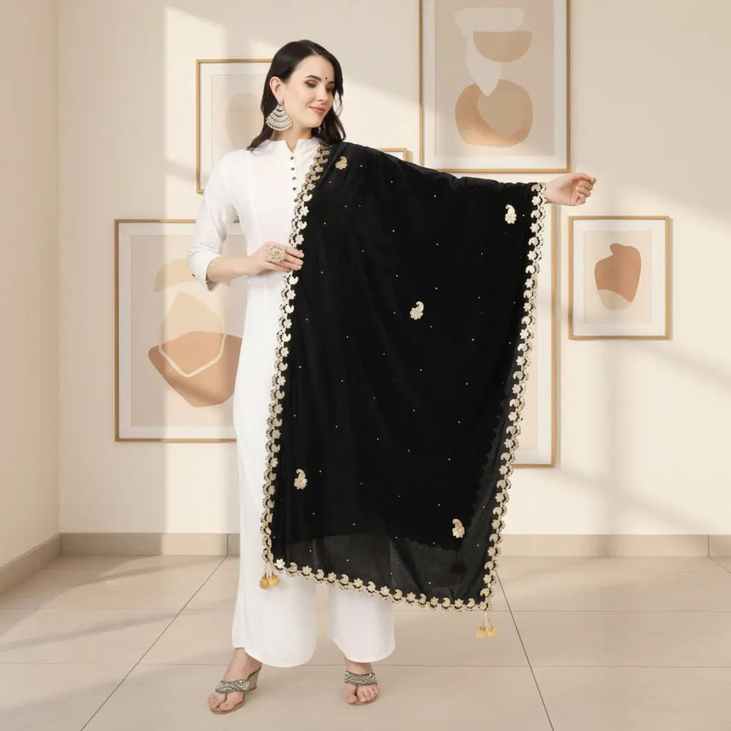 Women's velvet gotta patti dupatta (black, length:Â 2