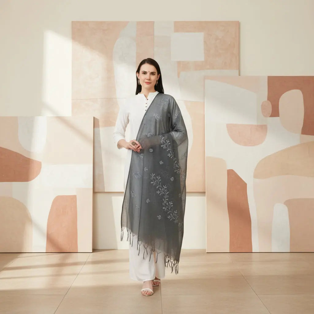 Women's cotton embroidered dupatta (grey, length:Â 2