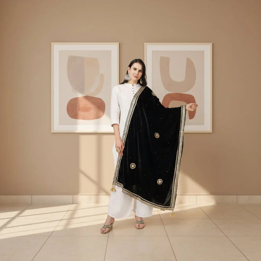 Women's velvet gotta patti dupatta (black, length:Â 2