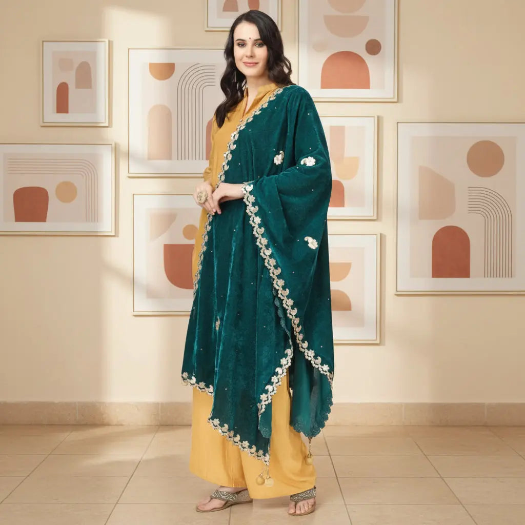 Women's velvet gotta patti dupatta (dark green, length:Â 2