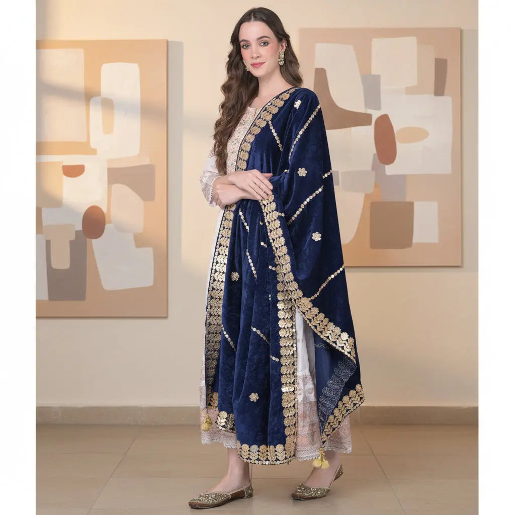 Women's velvet gotta patti dupatta (navy, length:Â 2