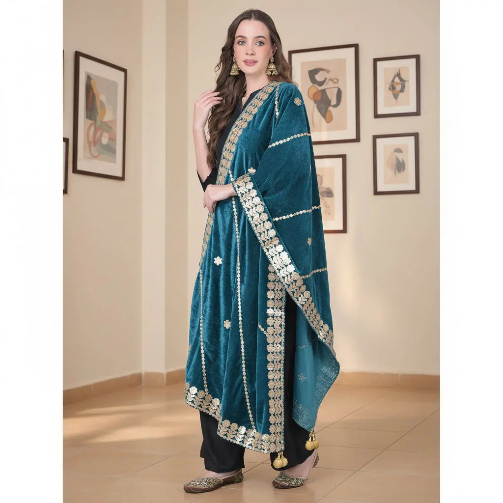 Women's velvet gotta patti dupatta (teal, length:Â 2