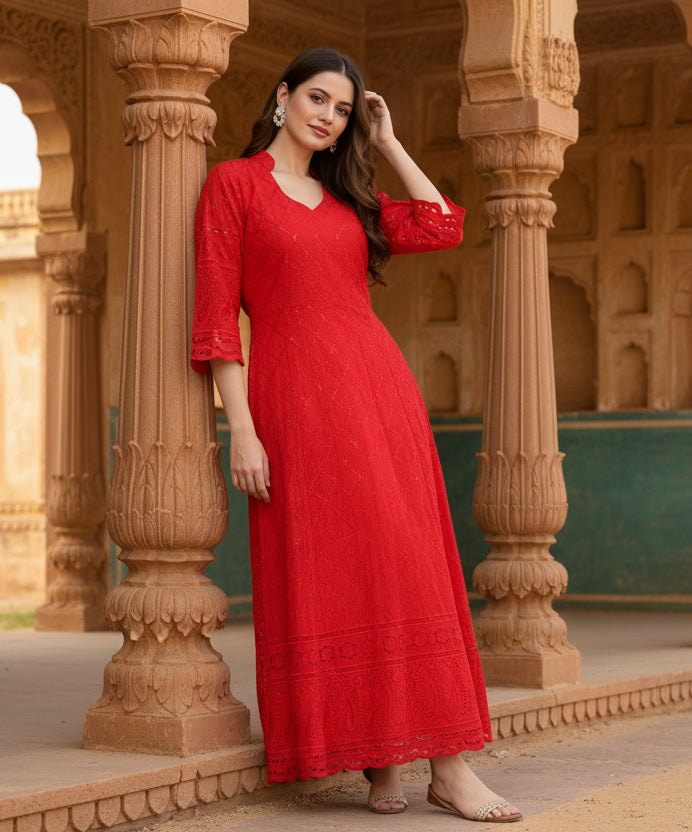 4th sleeve embroidered cotton kurti (red) kashvii