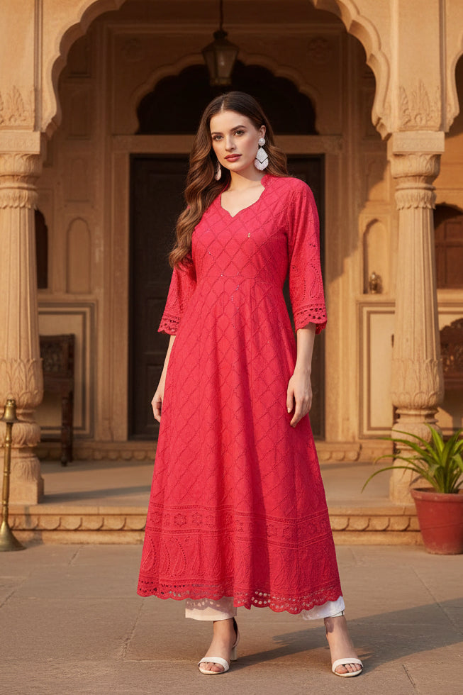 4th sleeve embroidered cotton kurti (magenta) kashvii