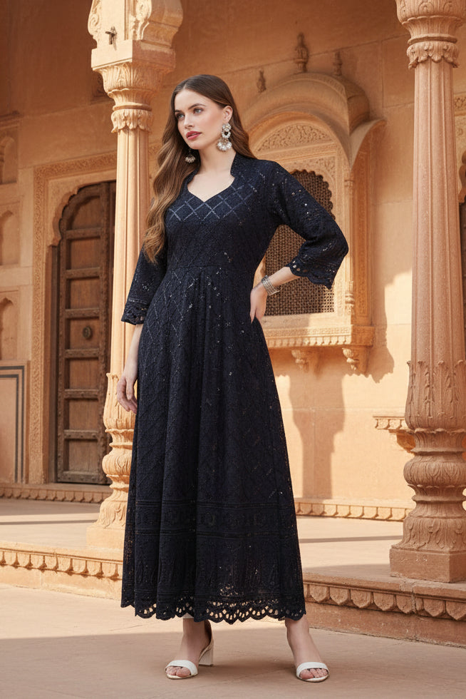 4th sleeve embroidered cotton kurti (navy blue) kashvii