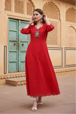 Load image into Gallery viewer, Women's Casual 3/4th Sleeve Embroidered Cotton Kurti (Red) Kashvii