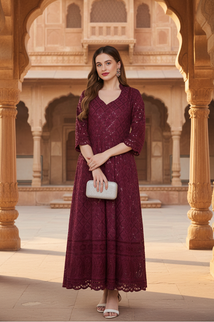 4th sleeve embroidered cotton kurti (purple) kashvii