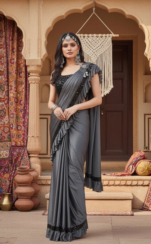 Women's lycra solid saree with unstitched blouse (grey, 5