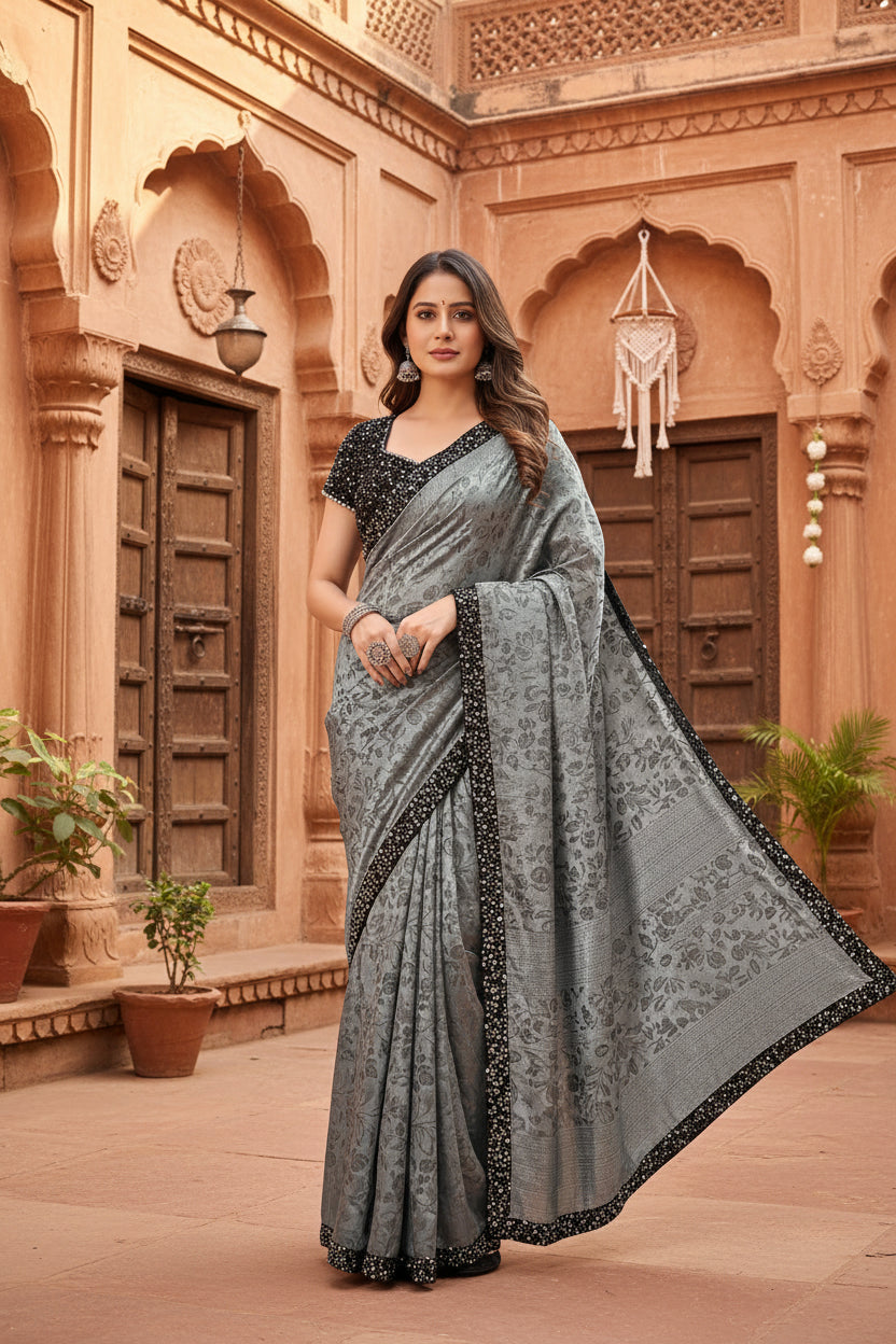 Women's lycra floral saree with unstitched blouse (grey, 5